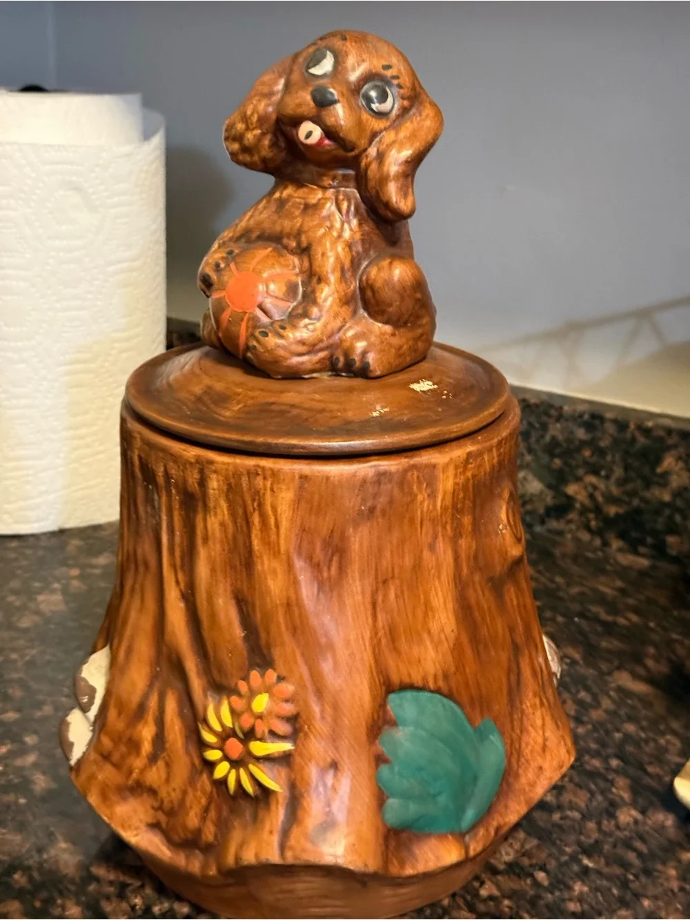Vintage brown stump with dog Rare cookie jar